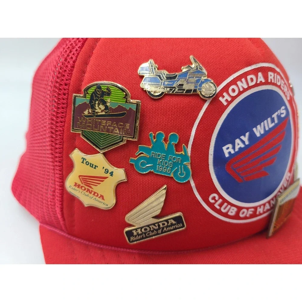 Vtg Honda Riders Ray Wilts Club of Hanover Mesh Snapback Hat Cap w/ Lapel Pins‎